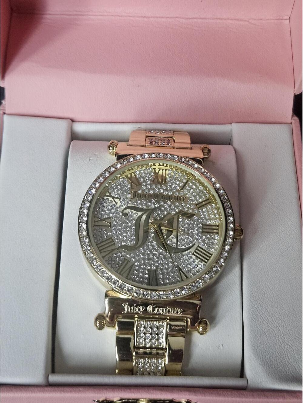 Juicy Couture Gold Tone Rhinestone JC Logo Watch Y2K Glam McBling NIB Pink Box